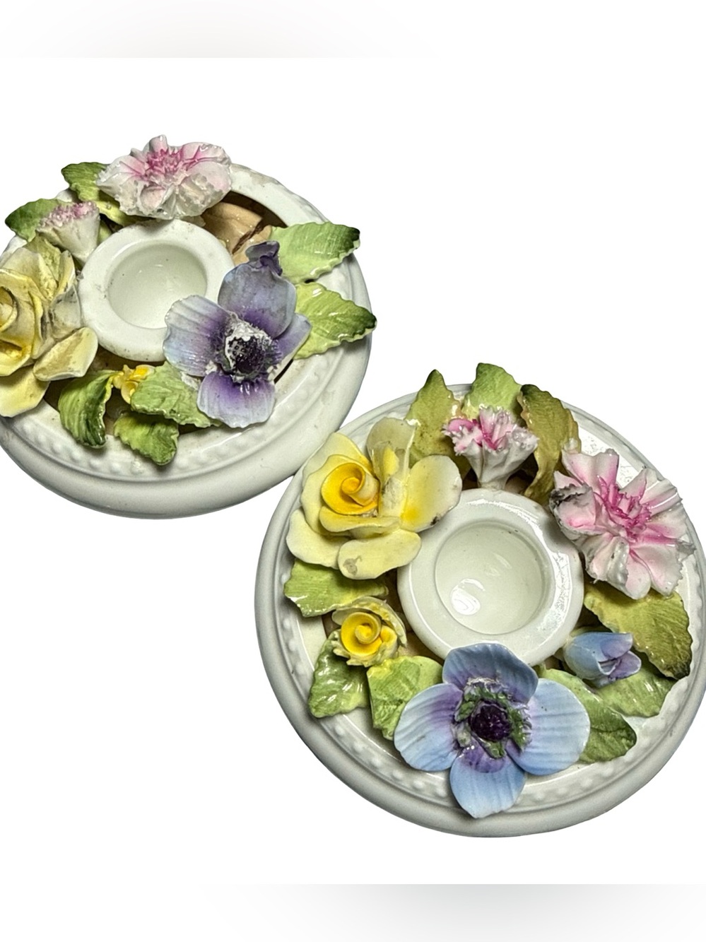 Vintage Crown Staffordshire 2-piece Set Ceramic Candle Stick Holders FLAWS READ